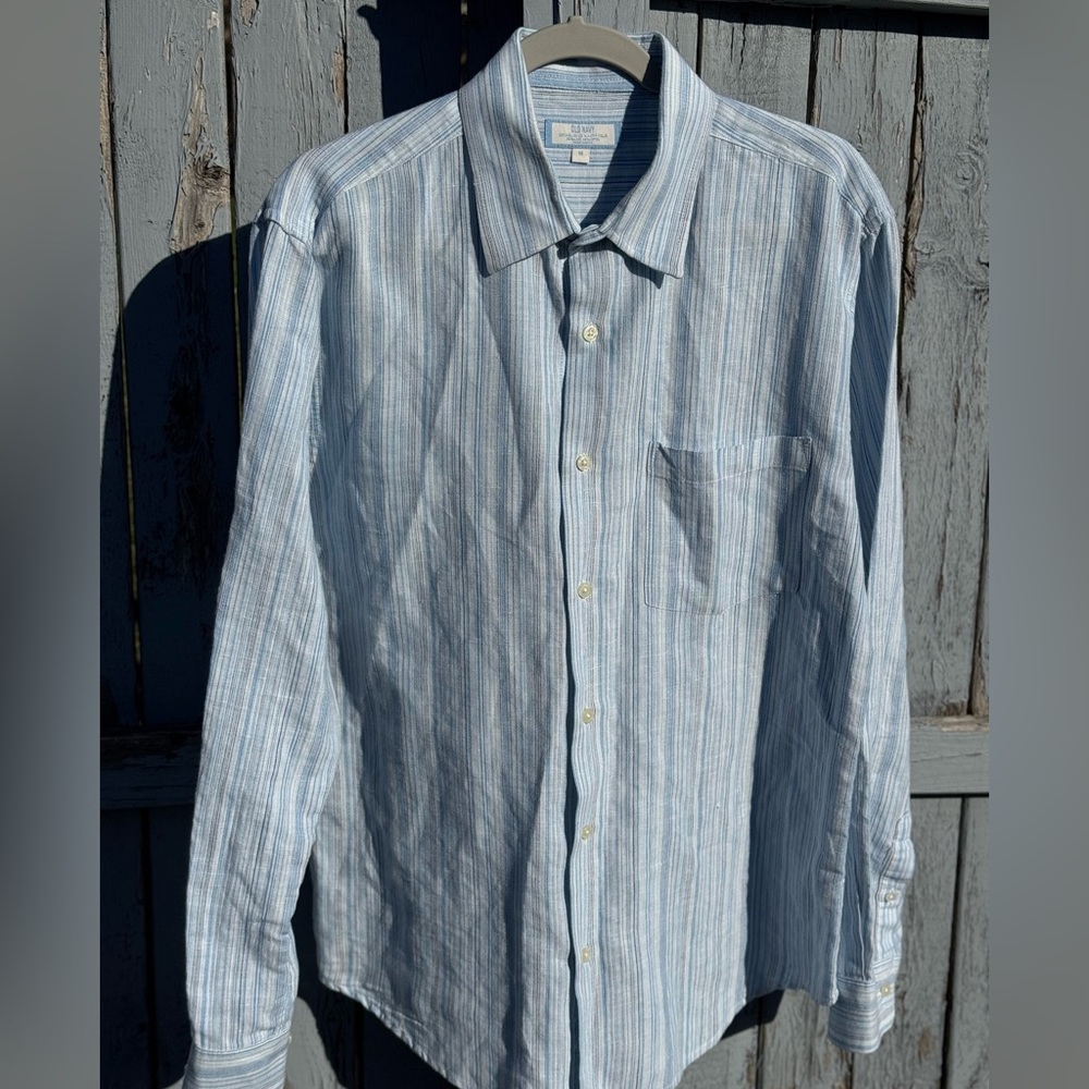 Vintage Old Navy Linen Shirt Men's Medium Button Down Light Blue Striped 2006 - Picture 2 of 8